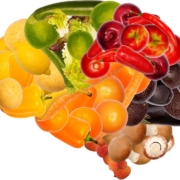 An image of the brain in which different sections of the brain are represented by fruits and foods.