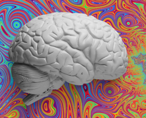 A gray 3-D model of a human brain rests on a psychedelic background.