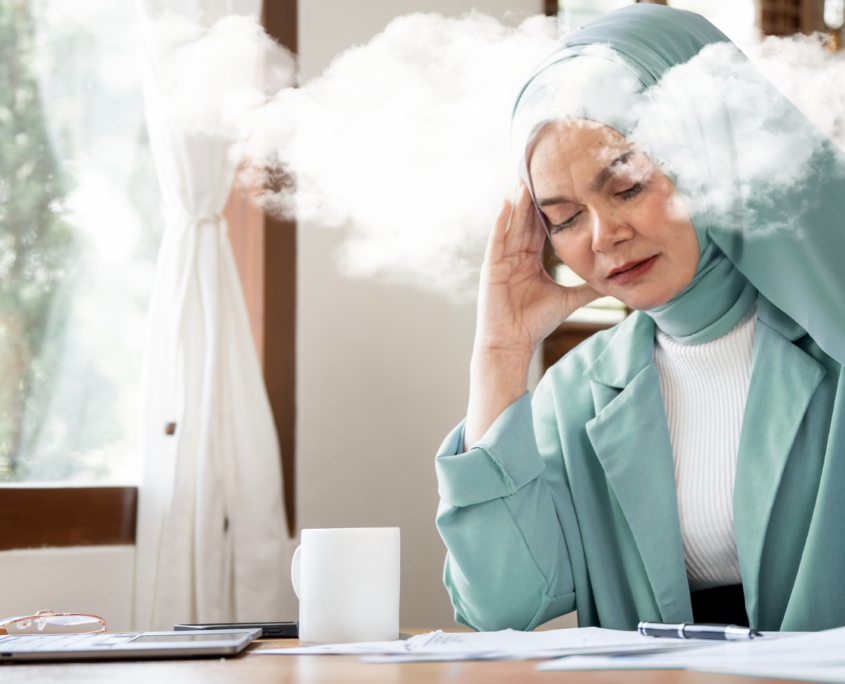 A woman in a mint green hijab, white ribbed shirt and mint green blazer closes her eyes and leans her head on her right hand on her desk, which has a few papers, coffee mug and laptop. An cloud of steam appears to surround her head, illustrating the concept of brain fog.