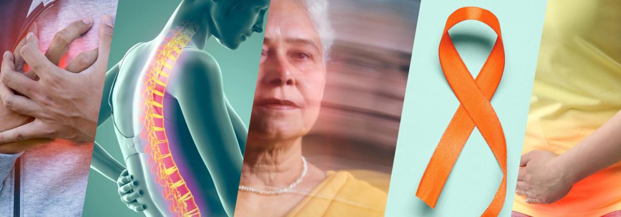 A collage of 3 photos and two illustrations illustrate women's health issues. One woman holds her hand over her heart; another is a medical illustration of a spine; one holds her belly like she has cramps; another is the face of an older woman; the last is an orange ribbon signifying multiple sclerosis