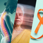 A collage of 3 photos and two illustrations illustrate women's health issues. One woman holds her hand over her heart; another is a medical illustration of a spine; one holds her belly like she has cramps; another is the face of an older woman; the last is an orange ribbon signifying multiple sclerosis