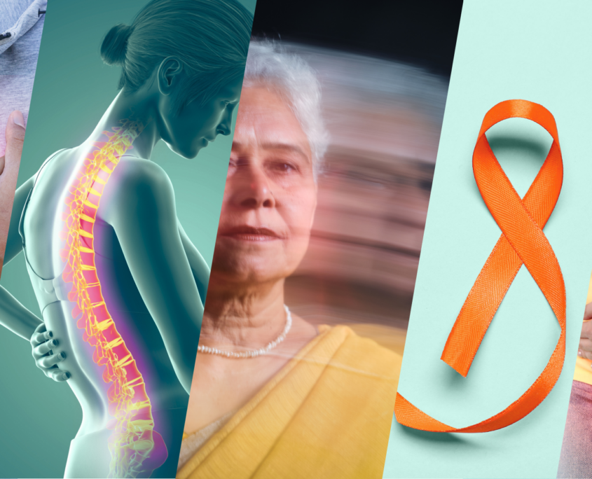 A collage of 3 photos and two illustrations illustrate women's health issues. One woman holds her hand over her heart; another is a medical illustration of a spine; one holds her belly like she has cramps; another is the face of an older woman; the last is an orange ribbon signifying multiple sclerosis