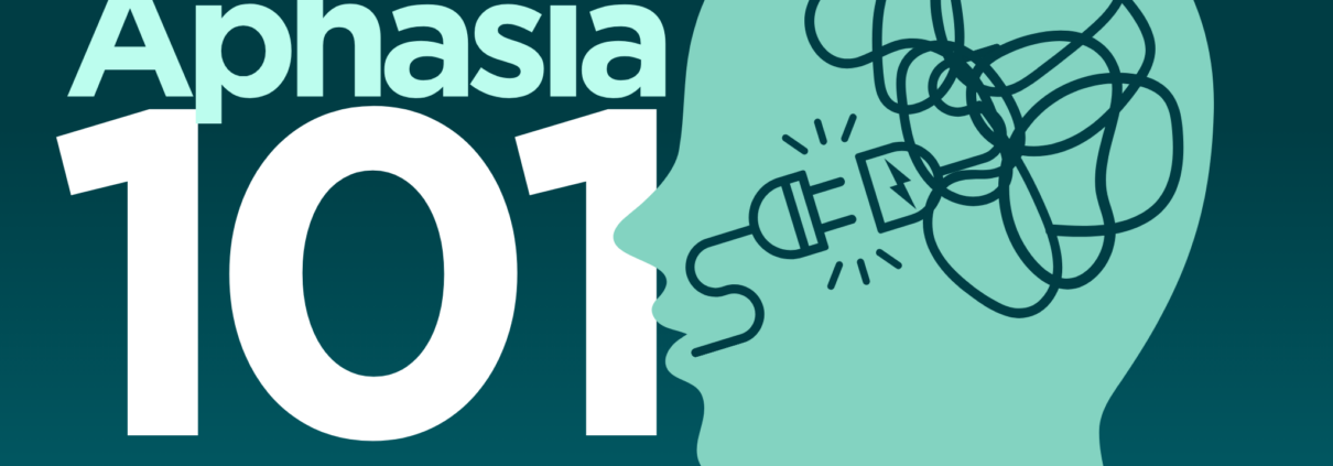 Graphic of a silhouette of a human head with a tangled and unplugged electrical cord inside the brain area. The graphic is in green and white and says Aphasia 101.