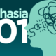 Graphic of a silhouette of a human head with a tangled and unplugged electrical cord inside the brain area. The graphic is in green and white and says Aphasia 101.