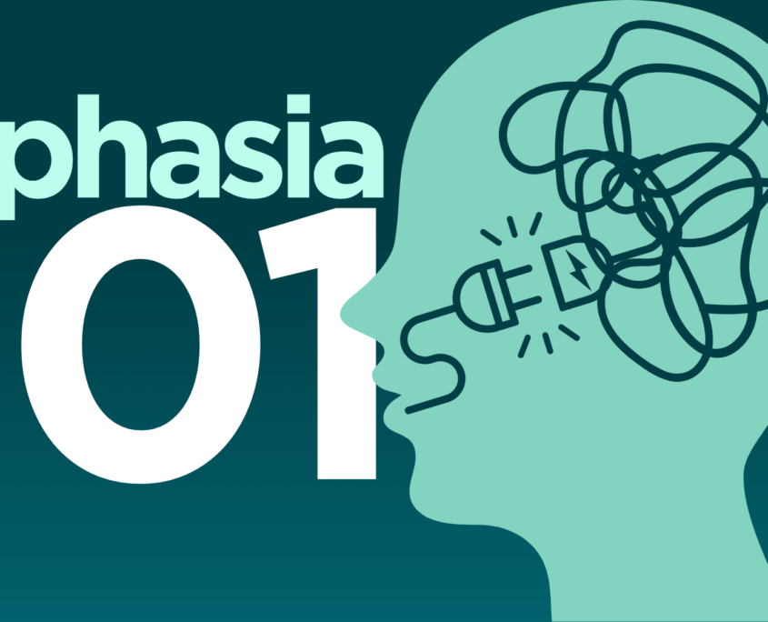 Graphic of a silhouette of a human head with a tangled and unplugged electrical cord inside the brain area. The graphic is in green and white and says Aphasia 101.