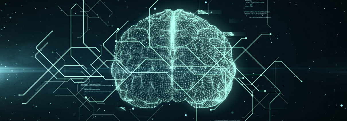 A computerized-looking image of a brain in green with directional lines coming out of it on a black space-age-type background.