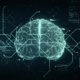 A computerized-looking image of a brain in green with directional lines coming out of it on a black space-age-type background.