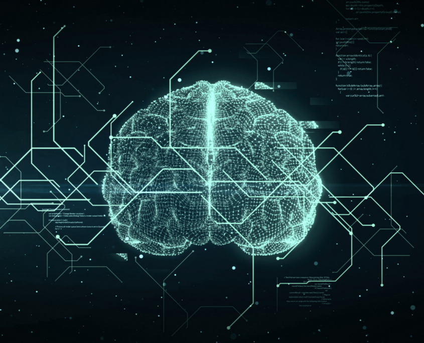 A computerized-looking image of a brain in green with directional lines coming out of it on a black space-age-type background.