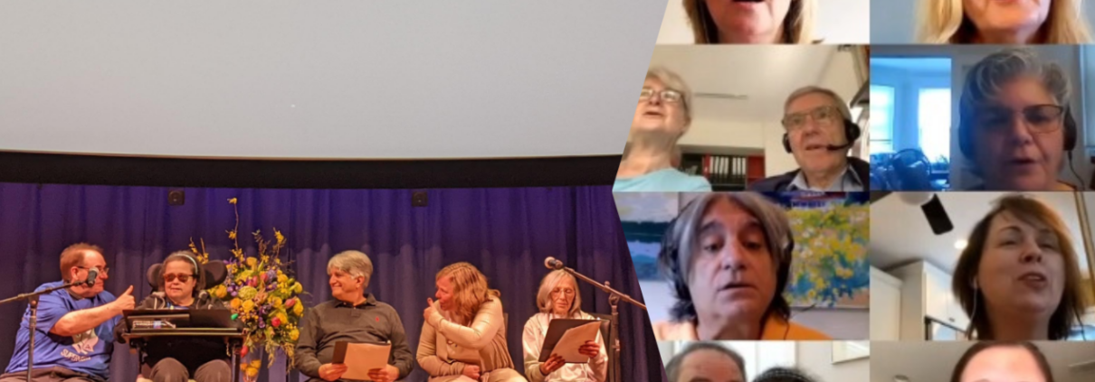 Two images spliced side by side. The image on the left shows five members of the Sing Aphasia Choir sitting on a stage reading choir music. The image on the right is a screenshot of 14 Sing Aphasia Choir members singing on Zoom.