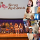 Two images spliced side by side. The image on the left shows five members of the Sing Aphasia Choir sitting on a stage reading choir music. The image on the right is a screenshot of 14 Sing Aphasia Choir members singing on Zoom.