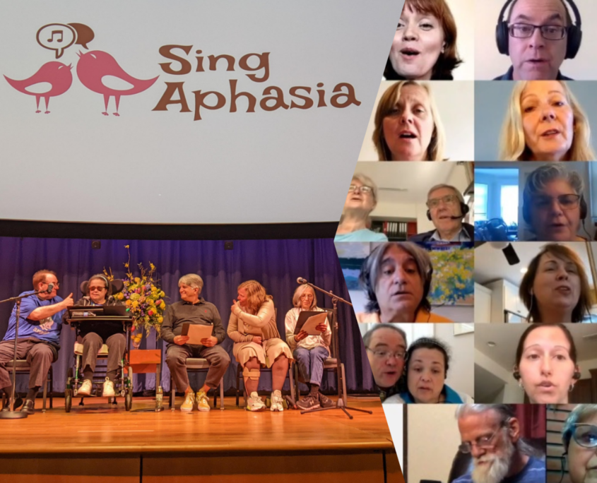 Two images spliced side by side. The image on the left shows five members of the Sing Aphasia Choir sitting on a stage reading choir music. The image on the right is a screenshot of 14 Sing Aphasia Choir members singing on Zoom.