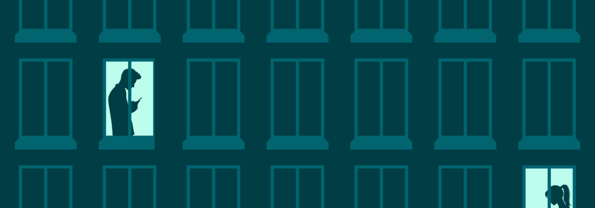 An illustration with a dark green background shows three rows of simply drawn windows. Two windows show a lone person reading their smartphone.