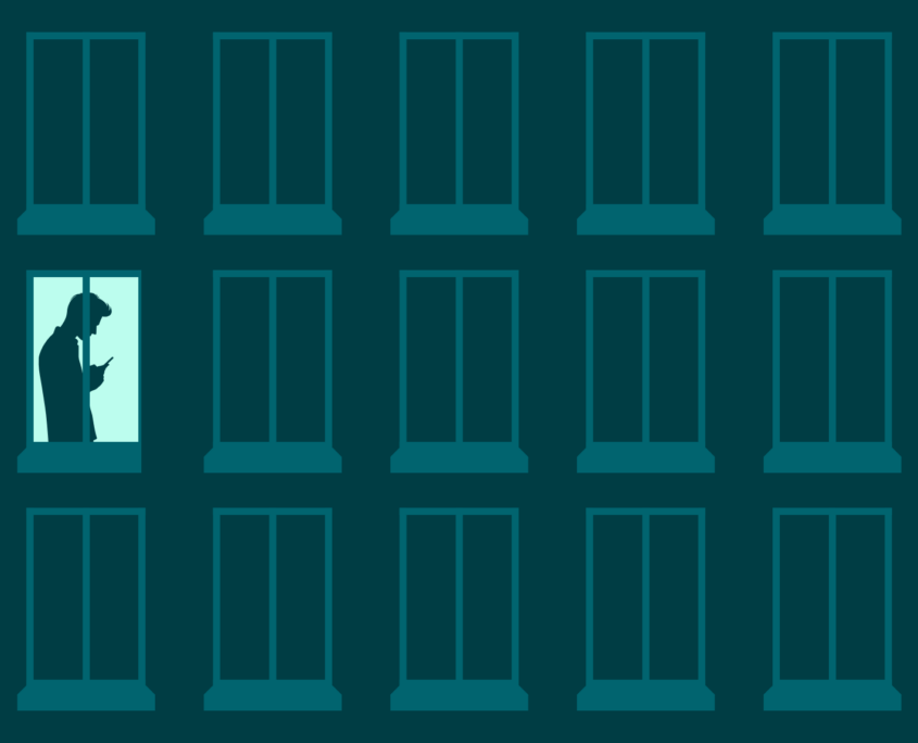 An illustration with a dark green background shows three rows of simply drawn windows. Two windows show a lone person reading their smartphone.