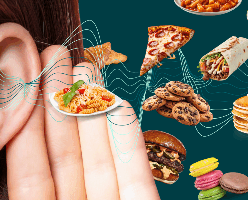 A close-up of a woman's left ear with her fingers behind it to focus on listening. An image of soundwaves is coming out of her ear that lead to smaller photos of food, including a pizza slice, burrito, stack of pancakes, chocolate chip cookies and more.