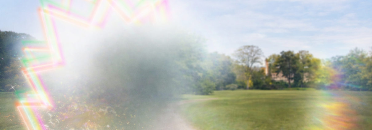 A distorted image shows how a person might see a migraine aura. A scene of a green field with green trees in the distance is disturbed by a fuzzy dark shape on the left surrounded by colorful zigzags.