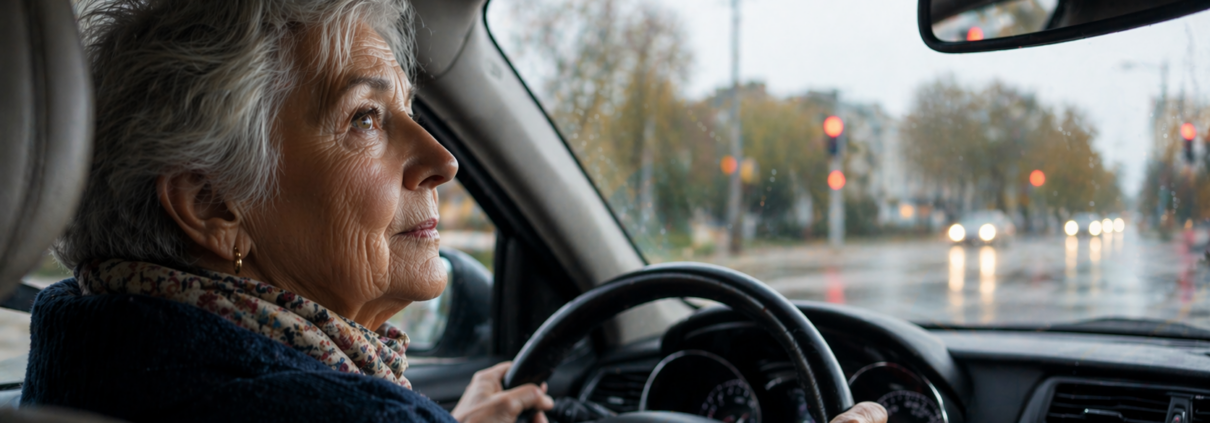 A white woman in her 70s holds her car steering wheel at 9 and 3 and looks in the rearview mirror while driving on a rainy city street.