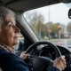 A white woman in her 70s holds her car steering wheel at 9 and 3 and looks in the rearview mirror while driving on a rainy city street.