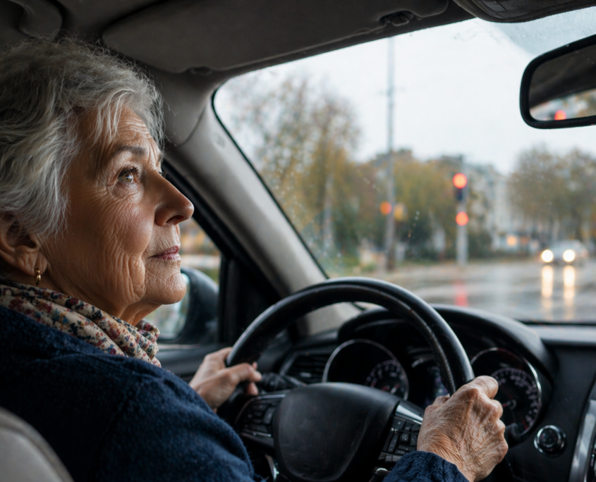 A white woman in her 70s holds her car steering wheel at 9 and 3 and looks in the rearview mirror while driving on a rainy city street.