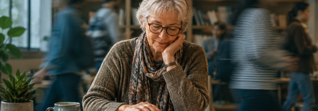 A white woman with short gray hair and black glasses, likely in her 70s, sits at a wood table in a library or classroom. A blurred scene of a bookcase of books and binders and five blurred people walk behind her. She is wearing a cozy brown sweater and decorative scarf. Her left arm rests on the desk with her hand resting on her face, as her other hand rests on an open book in front of her. She has a slight smile as she reads.