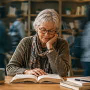 A white woman with short gray hair and black glasses, likely in her 70s, sits at a wood table in a library or classroom. A blurred scene of a bookcase of books and binders and five blurred people walk behind her. She is wearing a cozy brown sweater and decorative scarf. Her left arm rests on the desk with her hand resting on her face, as her other hand rests on an open book in front of her. She has a slight smile as she reads.