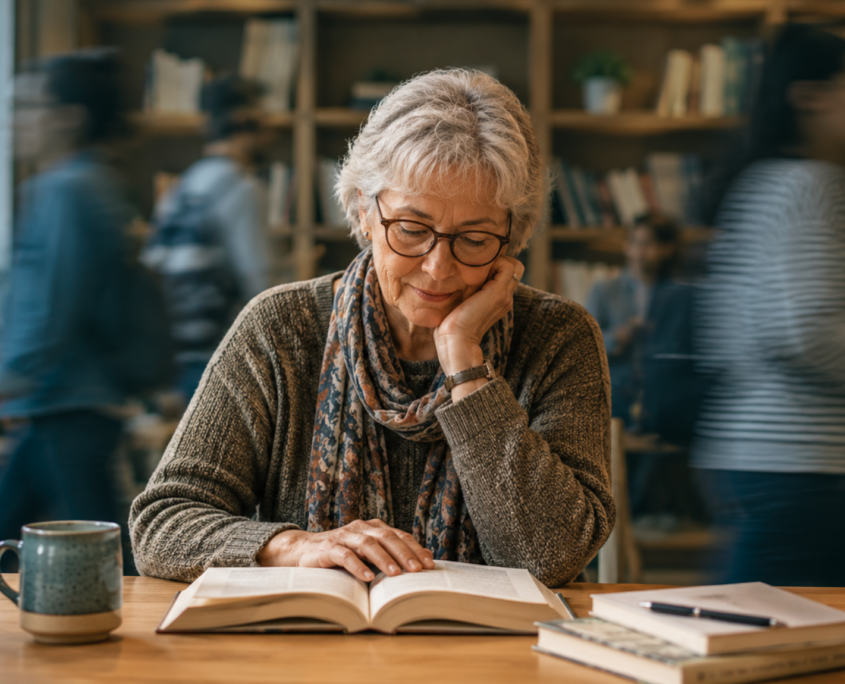 A white woman with short gray hair and black glasses, likely in her 70s, sits at a wood table in a library or classroom. A blurred scene of a bookcase of books and binders and five blurred people walk behind her. She is wearing a cozy brown sweater and decorative scarf. Her left arm rests on the desk with her hand resting on her face, as her other hand rests on an open book in front of her. She has a slight smile as she reads.