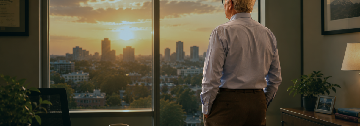 A man, likely in his 70s, wears brown dress pants and a blue dress shirt, as he stands in an office in a high-rise office building, looking out the large window as the sun sets over a city scene.