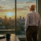 A man, likely in his 70s, wears brown dress pants and a blue dress shirt, as he stands in an office in a high-rise office building, looking out the large window as the sun sets over a city scene.