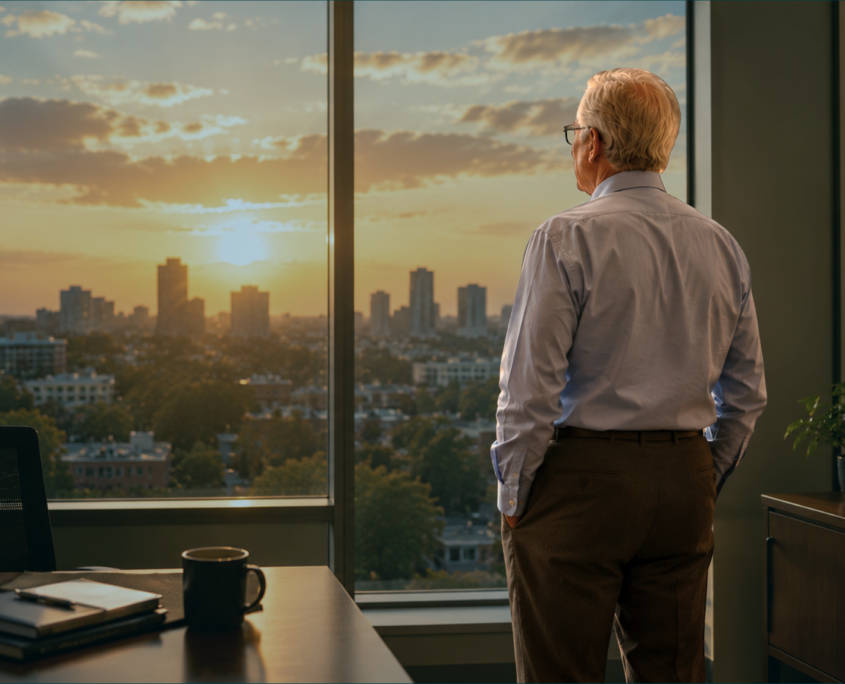 A man, likely in his 70s, wears brown dress pants and a blue dress shirt, as he stands in an office in a high-rise office building, looking out the large window as the sun sets over a city scene.