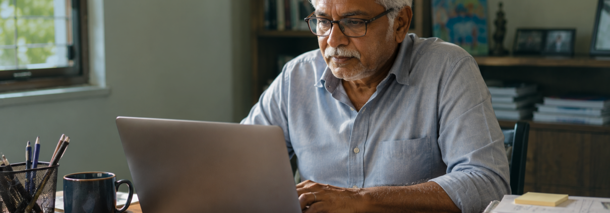 A man in his 60s with brown skin and gray hair, mustache and beard, wearing a light blue dress shirt and eyeglasses, sits at a desk in a home office, typing on a laptop.