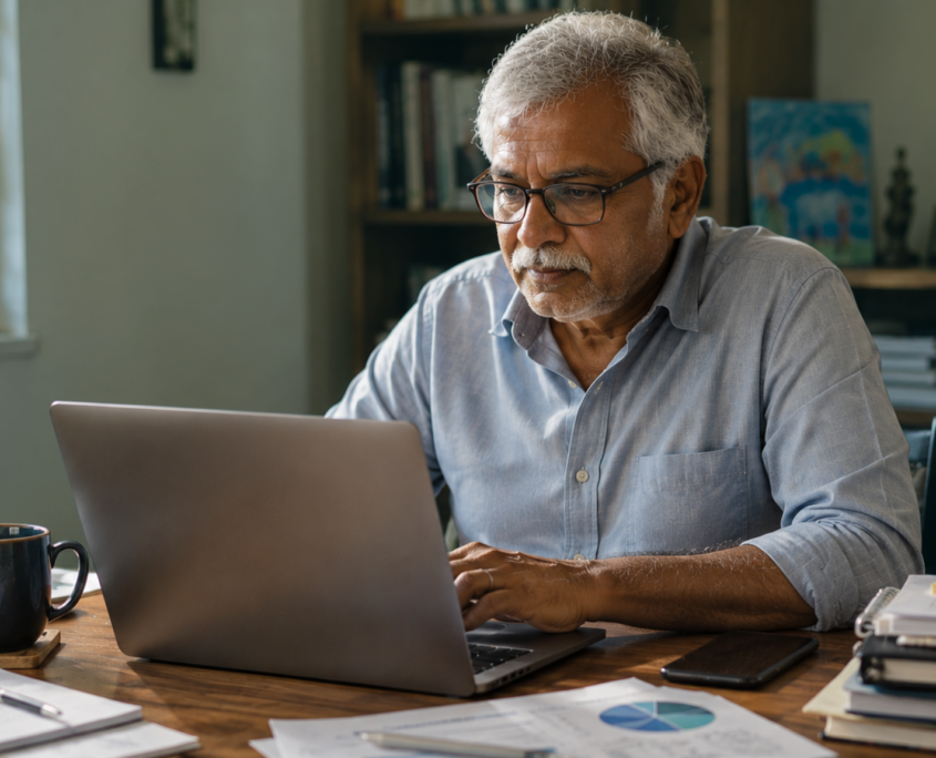 A man in his 60s with brown skin and gray hair, mustache and beard, wearing a light blue dress shirt and eyeglasses, sits at a desk in a home office, typing on a laptop.